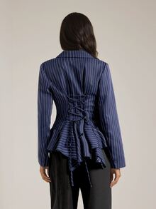 SHEIN Tall Women's Tall Navy Striped Smart-Casual Blazer - Navy Blue - View 2
