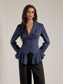 SHEIN Tall Women's Tall Navy Striped Smart-Casual Blazer - Navy Blue - View 5