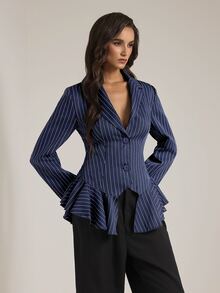 SHEIN Tall Women's Tall Navy Striped Smart-Casual Blazer - Navy Blue - View 6