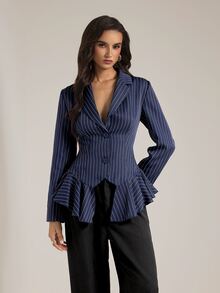 SHEIN Tall Women's Tall Navy Striped Smart-Casual Blazer - Navy Blue - View 3