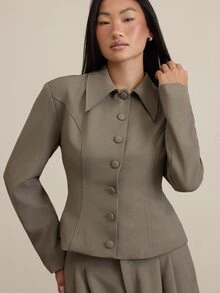 COSMINA Women's Casual Elegant Faux Linen Brushed Waist-Cinching Commuter Blazer Jacket - Grey - View 5