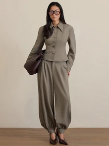 COSMINA Women's Casual Elegant Faux Linen Brushed Waist-Cinching Commuter Blazer Jacket - Grey - View 4