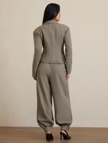 COSMINA Women's Casual Elegant Faux Linen Brushed Waist-Cinching Commuter Blazer Jacket - Grey - View 2