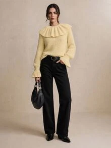 CielaLinda Atasan Sweater Ruffle Kuning Wanita, Pakaian Rajut Pullover Feminin, Sweater Harian yang Chic - Kuning - View 5