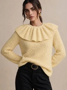 CielaLinda Atasan Sweater Ruffle Kuning Wanita, Pakaian Rajut Pullover Feminin, Sweater Harian yang Chic - Kuning - View 6