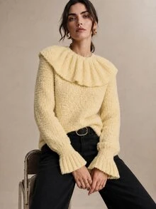 CielaLinda Atasan Sweater Ruffle Kuning Wanita, Pakaian Rajut Pullover Feminin, Sweater Harian yang Chic - Kuning - View 1