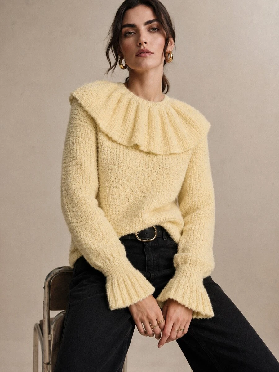 CielaLinda Atasan Sweater Ruffle Kuning Wanita, Pakaian Rajut Pullover Feminin, Sweater Harian yang Chic - Kuning - View 1