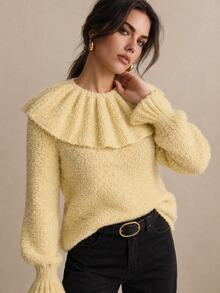 CielaLinda Atasan Sweater Ruffle Kuning Wanita, Pakaian Rajut Pullover Feminin, Sweater Harian yang Chic - Kuning - View 3