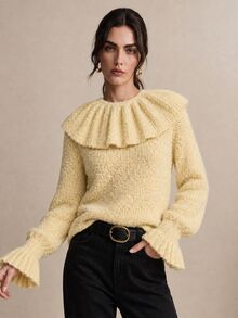 CielaLinda Atasan Sweater Ruffle Kuning Wanita, Pakaian Rajut Pullover Feminin, Sweater Harian yang Chic - Kuning - View 4