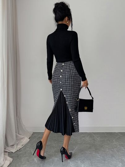 Elenzga Women's Elegant Slim Fit Pleated Skirt, Tweed High Waist Skirt, Women's Elegant Skirt, Office Women's Fashion Skirt, Suitable For Casual, Party, Spring, Autumn, Winter Wear