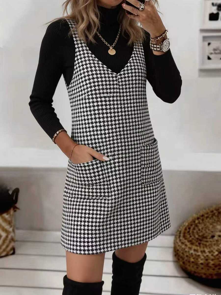 Breezaya Houndstooth Print Dual Pocket Overall Dress Without Sweater - Black and White - View 1