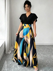 Elenzga Women's Spring/Summer Elegant Burgundy Red Leaf Pattern Design Pleated Design Flutter Sleeve Design Fitted Slim Fit Flared Long Dress - Multicolor - View 5