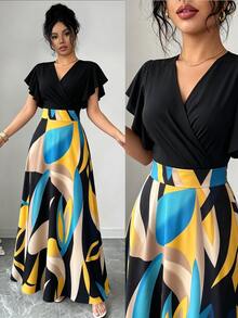 Elenzga Women's Spring/Summer Elegant Burgundy Red Leaf Pattern Design Pleated Design Flutter Sleeve Design Fitted Slim Fit Flared Long Dress - Multicolor - View 3