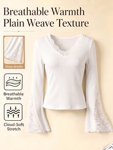 GlowEve Off-White Ribbed Top Lace-Trimmed V-Neckline Lace-Detailed Flared Cuffs Feminine Elegant Romantic Silhouette Date Everyday Brunch Tea Party Fall - Multicolor - View 4