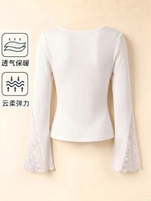 GlowEve Off-White Ribbed Top Lace-Trimmed V-Neckline Lace-Detailed Flared Cuffs Feminine Elegant Romantic Silhouette Date Everyday Brunch Tea Party Fall - Multicolor - View 2