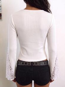 GlowEve Off-White Ribbed Top Lace-Trimmed V-Neckline Lace-Detailed Flared Cuffs Feminine Elegant Romantic Silhouette Date Everyday Brunch Tea Party Fall - Multicolor - View 3