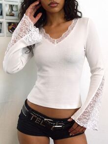 GlowEve Off-White Ribbed Top Lace-Trimmed V-Neckline Lace-Detailed Flared Cuffs Feminine Elegant Romantic Silhouette Date Everyday Brunch Tea Party Fall - Multicolor - View 1