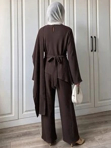 Celisse Women French Style Coffee Brown Matching Set, Elegant Asymmetrical Shawl Long Sleeve Winter Outfit For Christmas Halloween New Year Party And Commute - Coffee Brown - View 2
