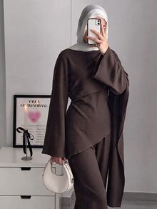 Celisse Women French Style Coffee Brown Matching Set, Elegant Asymmetrical Shawl Long Sleeve Winter Outfit For Christmas Halloween New Year Party And Commute - Coffee Brown - View 1