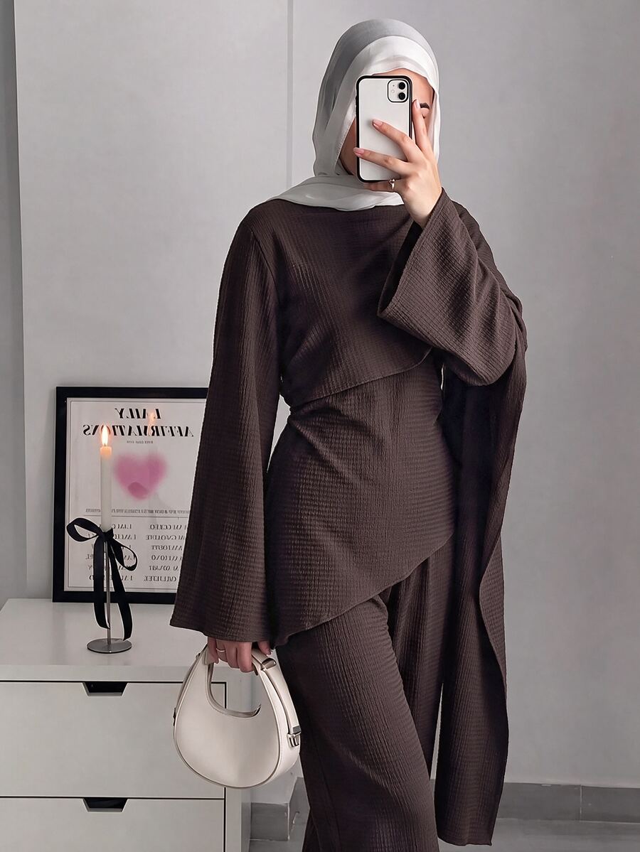 Celisse Women French Style Coffee Brown Matching Set, Elegant Asymmetrical Shawl Long Sleeve Winter Outfit For Christmas Halloween New Year Party And Commute - Coffee Brown - View 1