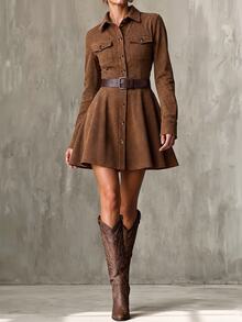 Glimmora Women's Autumn/Winter Fashion Vintage Solid Color Front Pocket Single-Breasted Long Sleeve Lapel Mini Dress[Belt Not Included] - Brown - View 6