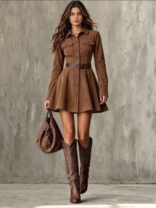 Glimmora Women's Autumn/Winter Fashion Vintage Solid Color Front Pocket Single-Breasted Long Sleeve Lapel Mini Dress[Belt Not Included] - Brown - View 3