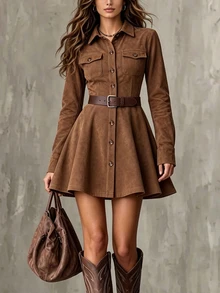 Glimmora Women's Autumn/Winter Fashion Vintage Solid Color Front Pocket Single-Breasted Long Sleeve Lapel Mini Dress[Belt Not Included] - Brown - View 1