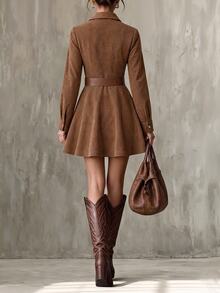 Glimmora Women's Autumn/Winter Fashion Vintage Solid Color Front Pocket Single-Breasted Long Sleeve Lapel Mini Dress[Belt Not Included] - Brown - View 4