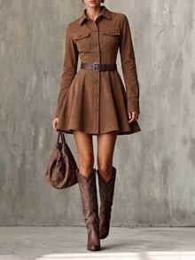 Glimmora Women's Autumn/Winter Fashion Vintage Solid Color Front Pocket Single-Breasted Long Sleeve Lapel Mini Dress[Belt Not Included] - Brown - View 5