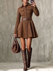 Glimmora Women's Autumn/Winter Fashion Vintage Solid Color Front Pocket Single-Breasted Long Sleeve Lapel Mini Dress[Belt Not Included] - Brown - View 7
