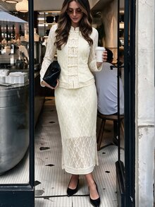 SHEIN PariChic 夏季女款優雅套裝,蕾絲開襟,適合派對晚餐、婚禮、生日、外出、仙女風、正式商務、畢業典禮,經典白色花卉套裝 - 杏色 - 查看 6