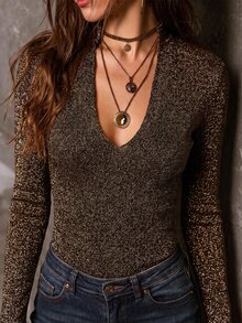 SHEIN Women's Shiny Metallic Thread Semi-High Neck Deep V-Neck Fitted Knit Top, Long Sleeve Base Layer - Coffee Brown - View 9
