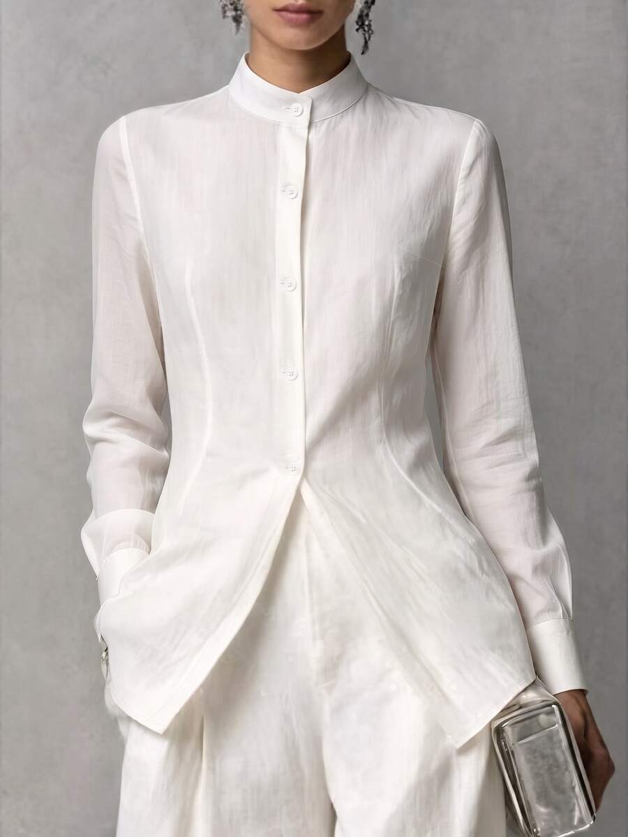 Trelyra Women's Fall White Stand Collar Long-Sleeve Shirt, Button-Down Drape Pleated Office Blouse, Commuting Premium Occasion Wear For Business Daily Work - White - View 1