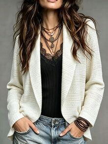 SHEIN Women's Beige Textured Shawl Collar Cardigan Long Sleeve Loose Fit Elegant Commute Versatile Outerwear Top Regular Jacket - White - View 4