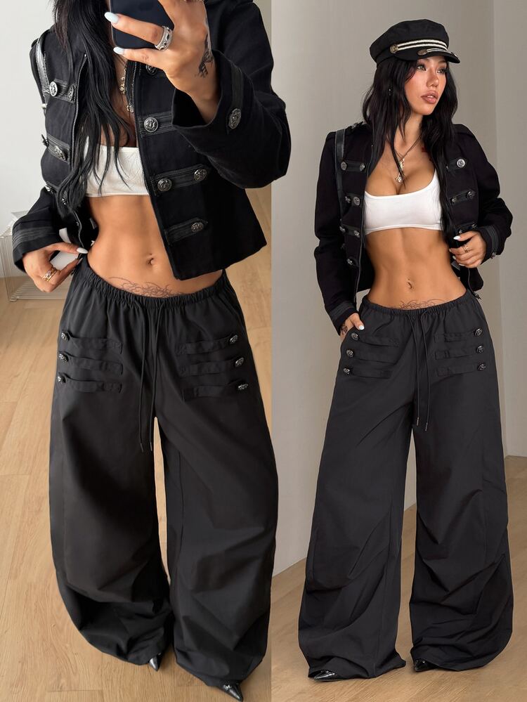 Coolane Women's All-Season Fall Back To School Going Out Casual Sexy Y2k Chic Streetwear Punk Chic With Pockets Black Wide Leg Pants Autumn Outfit Black Pants - Black - View 4