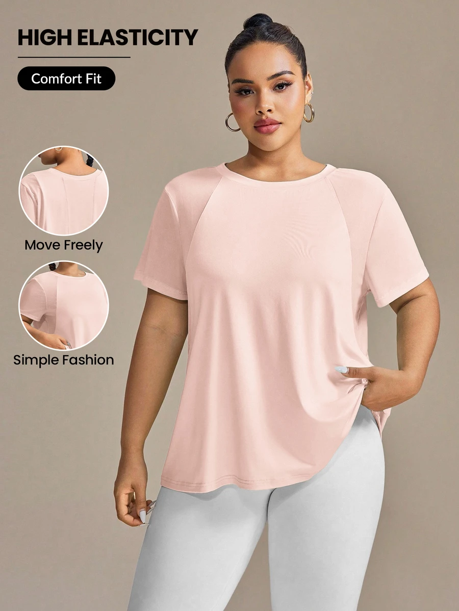 SHEIN Rhythm Era 女式纯色圆领短袖休闲健身运动T恤加大码运动上衣加大码运动T恤女式超大码运动上衣女式宽松运动上衣女式加大码健身房T恤女式运动T恤