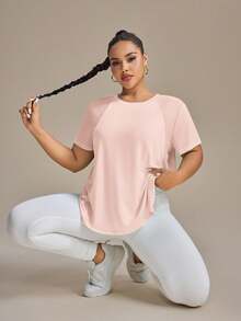 SHEIN Rhythm Era 女式纯色圆领短袖休闲健身运动T恤加大码运动上衣加大码运动T恤女式超大码运动上衣女式宽松运动上衣女式加大码健身房T恤女式运动T恤 - 淺粉色 - 查看 9