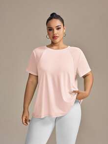 SHEIN Rhythm Era 女式纯色圆领短袖休闲健身运动T恤加大码运动上衣加大码运动T恤女式超大码运动上衣女式宽松运动上衣女式加大码健身房T恤女式运动T恤 - 淺粉色 - 查看 7
