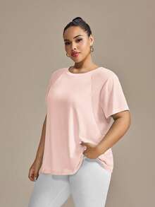 SHEIN Rhythm Era 女式纯色圆领短袖休闲健身运动T恤加大码运动上衣加大码运动T恤女式超大码运动上衣女式宽松运动上衣女式加大码健身房T恤女式运动T恤 - 淺粉色 - 查看 8