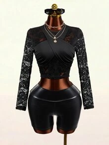 Mistrie Kaos Lengan Pendek/Panjang Slim Fit Seksi Transparan dengan Motif Renda Hitam - Hitam - View 6