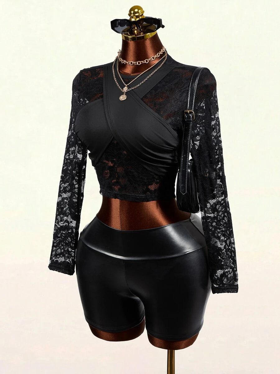 Mistrie Kaos Lengan Pendek/Panjang Slim Fit Seksi Transparan dengan Motif Renda Hitam