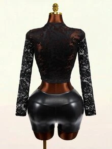 Mistrie Kaos Lengan Pendek/Panjang Slim Fit Seksi Transparan dengan Motif Renda Hitam - Hitam - View 3