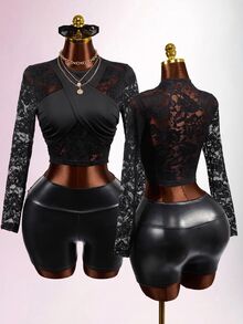Mistrie Kaos Lengan Pendek/Panjang Slim Fit Seksi Transparan dengan Motif Renda Hitam - Hitam - View 4
