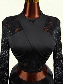 Mistrie Kaos Lengan Pendek/Panjang Slim Fit Seksi Transparan dengan Motif Renda Hitam - Hitam - View 8