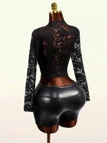 Mistrie Kaos Lengan Pendek/Panjang Slim Fit Seksi Transparan dengan Motif Renda Hitam - Hitam - View 7