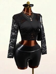 Mistrie Kaos Lengan Pendek/Panjang Slim Fit Seksi Transparan dengan Motif Renda Hitam - Hitam - View 5