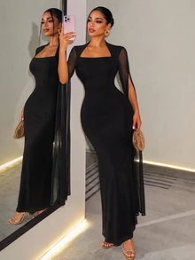 BamGleam Women's Autumn/Winter Solid Black Elegant Sexy Party Mesh Long Sleeve Slit Fitted Mermaid Dress - Black - View 4