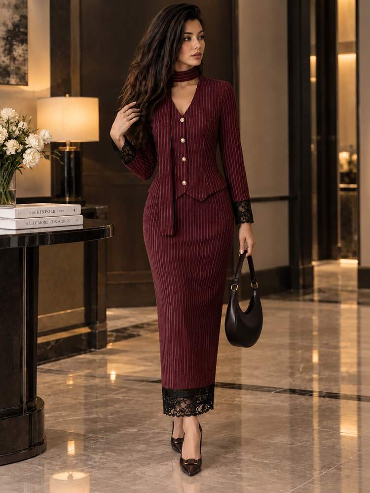 Modelyn Elegant Mature Long Sleeve Fitted Blazer Contrast Lace Skirt 2 Pieces Set Women Office Dinner Burgundy Autumn - Red - View 4
