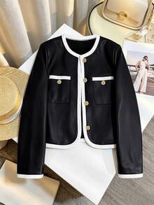 GlowEve CURVE Plus Size Spring/Autumn Casual Commuter Colorblock Trim Jacket Winter - Black and White - View 3