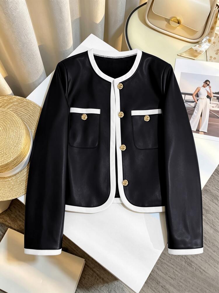 GlowEve CURVE Plus Size Spring/Autumn Casual Commuter Colorblock Trim Jacket Winter - Black and White - View 3